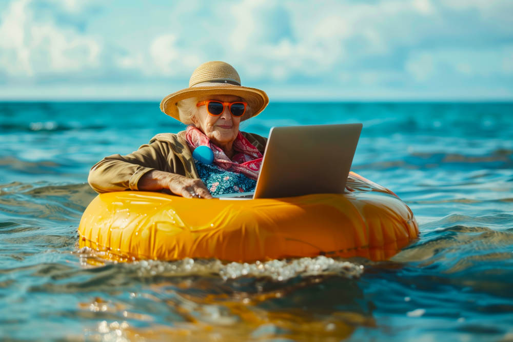 grandmother miss lady seniora in sunglasses and a panama hat with laptop swims on a ring in the sea